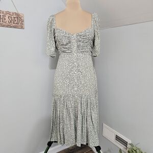 ELF Handmade Bali Sage Green Floral Lilit Midi Dress Smocked Milkmaid Sz M Boho